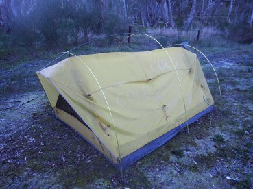 Our first frost, the tent stood up by itself.